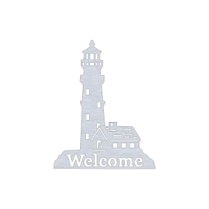 Aluminum wall sign with a lighthouse and house design. 'Welcome' is cut out at the base. Precision-cut from 1/8-inch aluminum, displayed on black.